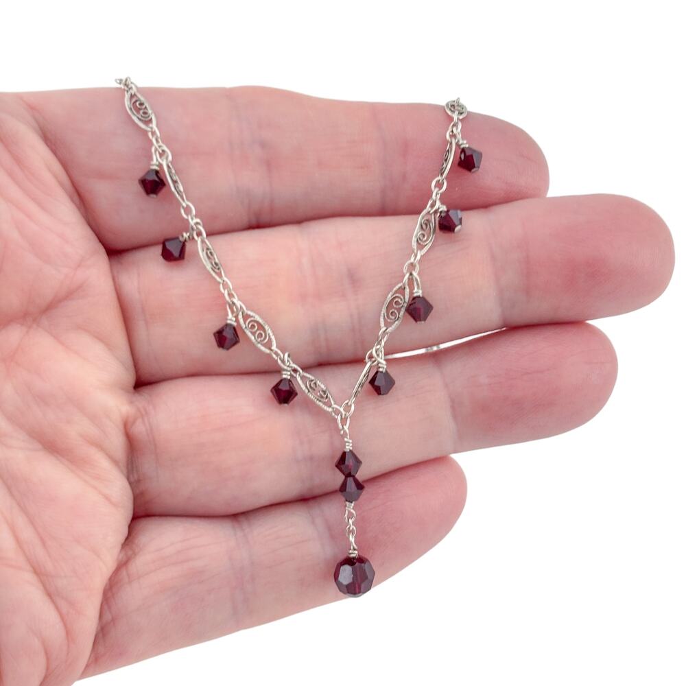 Vintage Sterling Silver 925 Red Crystal Drop Necklace 16.5"